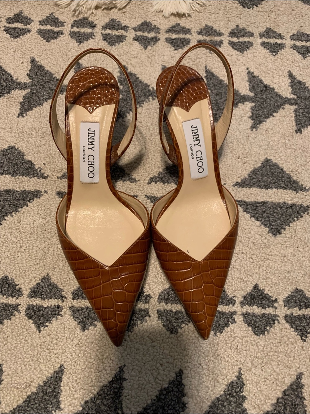 Jimmy Choo Brown Croc-Embossed Pointed Slingback Heels